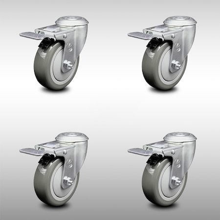 Service Caster 4 Inch SS Gray Polyurethane Swivel Bolt Hole Caster Set with Total Lock Brake SCC-SSBHTTL20S414-PPUB-4